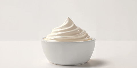 Creamy soft serve ice cream in a white bowl with smooth texture and spiral shape on a light background