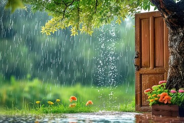 A tree with a door in front of it is open and raining