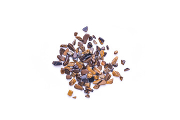 gravel chips Polished tiger eye stacks top view isolated on white background