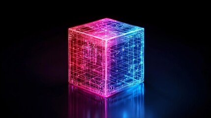 Abstract Technology Cube with Neon Glow, Artificial Intelligence Concept, Modern Design