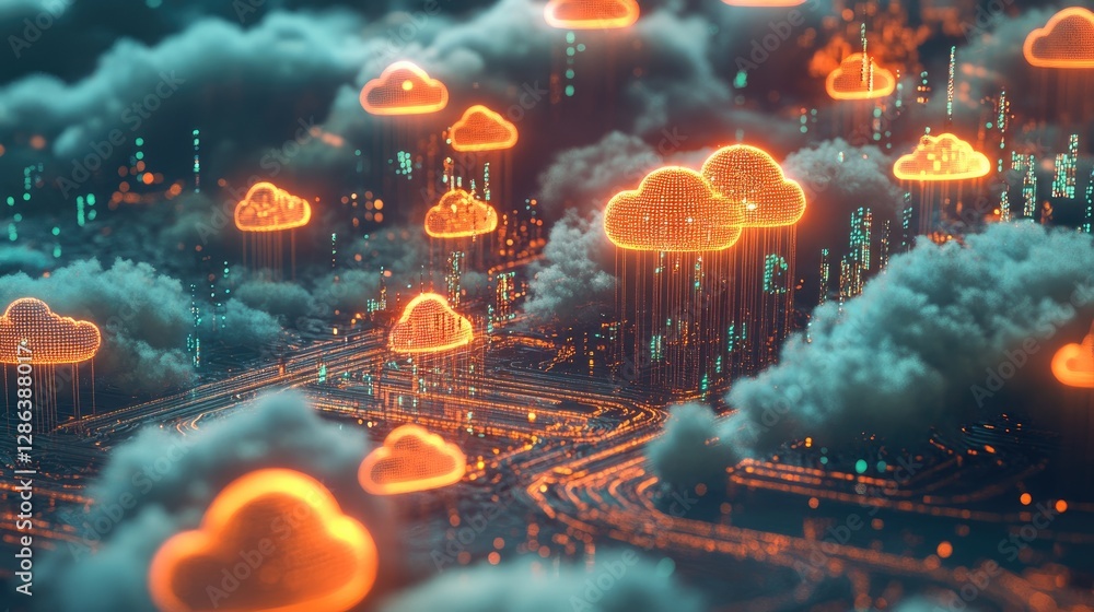 Poster futuristic cloud computing concept with neon data visualizations