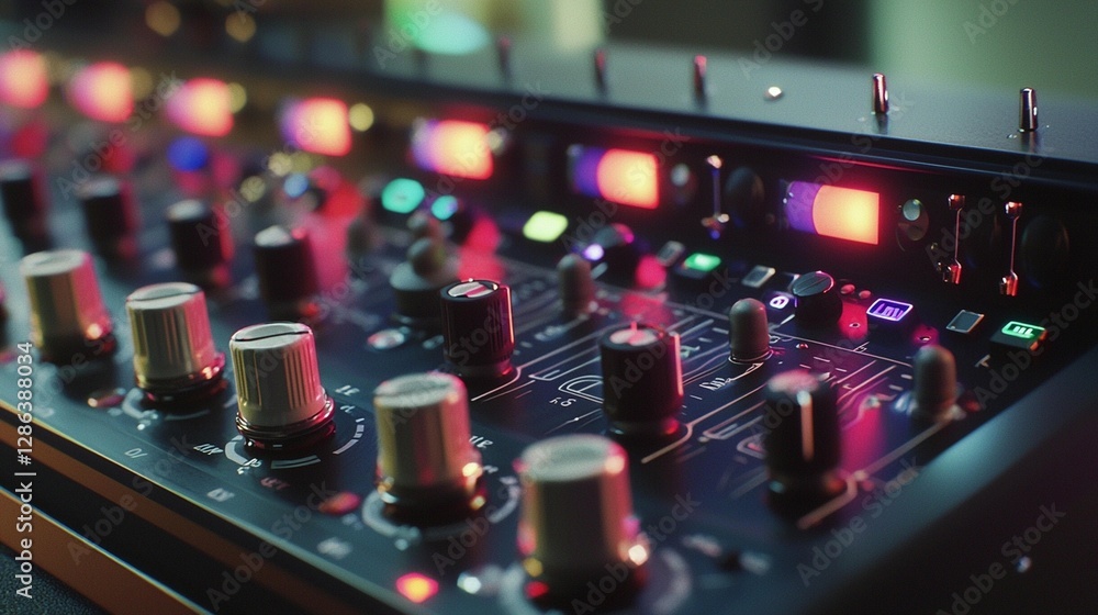 Poster close-up of an audio mixing console with illuminated knobs and buttons.