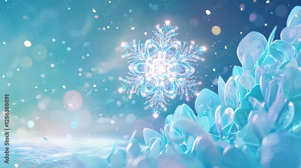 Poster abstract winter snowflake background with bokeh lights and copy space.