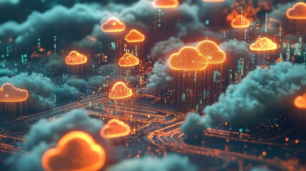 Futuristic Cloud Computing Concept with Neon Data Visualizations