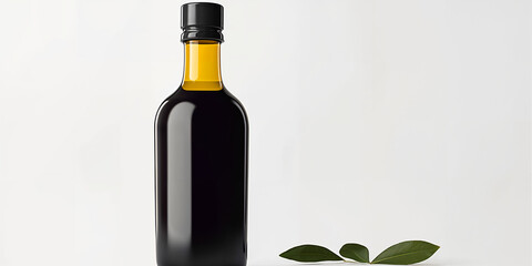 Elegant olive oil bottle with green leaves features minimalist design on a light background