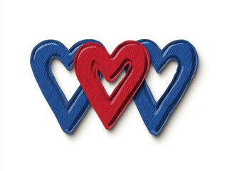Fototapeta premium 3D rendered intertwined hearts in blue and red forming a symbolic unity concept on a clean white backdrop representing love connection and deep emotional bonds in modern design