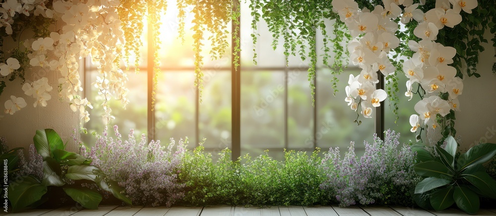 Poster sunlit window with hanging orchids and greenery.