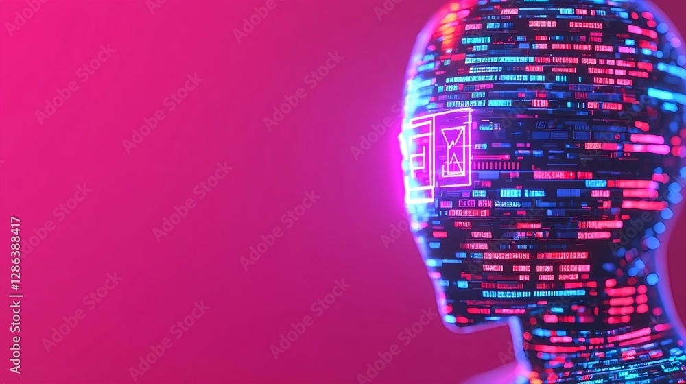 Poster ai data head on pink background - future technology, machine learning, artificial intelligence
