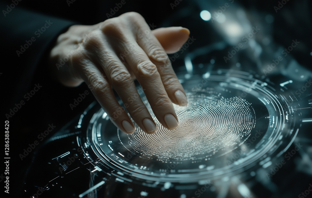 Poster futuristic fingerprint scan hand on biometric security technology interface