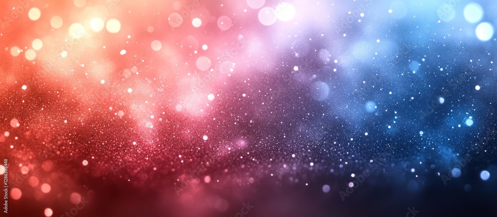 Poster abstract red and blue bokeh background with glitter and sparkles.
