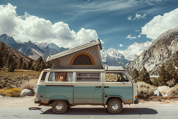 Obraz premium Holiday trip on large family motorhome for holiday in beautiful natural nature, abstract vivid composition consists of fictional unreal fantastic vision on background