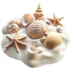 Seashell collection on white sand isolated on white background