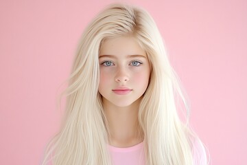 Naklejka premium Blonde woman with long hair in soft pink background gazing calmly into the camera with serene expression natural beauty and minimalist aesthetic representing elegance and inner confidence