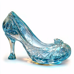 Elegant blue glass high heel shoe with intricate design.