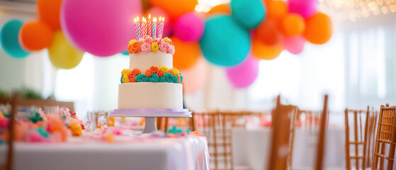 Birthday celebration cake with colorful balloons indoor venue festive event cheerful atmosphere close-up view joyful theme