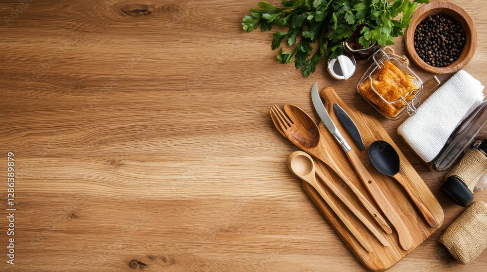 Poster natural material utensils displayed on wooden table in warm ambient light overhead view realistic pr