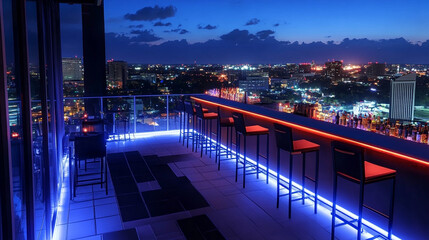 Rooftop bar with city skyline view at twilight featuring illuminated furniture and vibrant nightlife colors creating a relaxing atmosphere