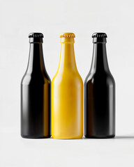 Creative display of black and yellow bottles arranged side by side on a neutral background showcasing the unique design of beverage containers