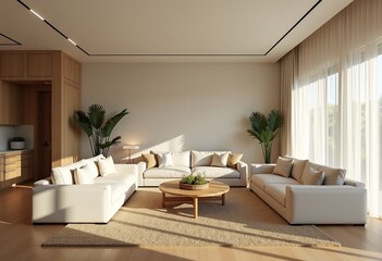 Real-Time Elegance: Minimalist Cream Living Room Design - Sofas & Furniture Complemented by Natural Light, a Fresh and Distant View from the Entrance.

