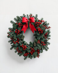 Festive holiday wreath adorned with red bows and berries displayed against a neutral background