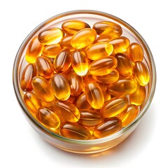 Golden Fish Oil Capsules in a Transparent Glass Bowl &ndash; Omega-3 Nutrition