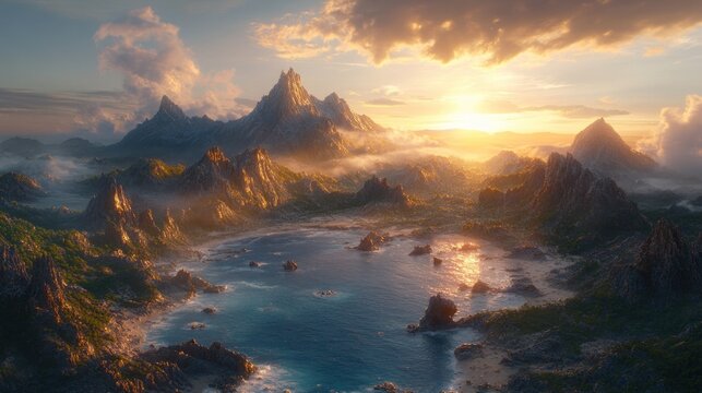 Sunrise over mountain cove, tranquil coastal landscape