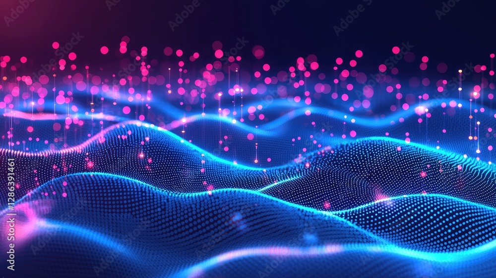 Poster abstract digital waves with colored bokeh and light particles
