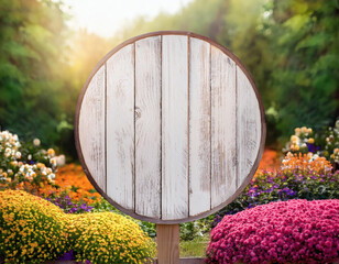 Blank white rustic wooden circle garden sign with floral background. Empty rustic wood board on wooden fence with flowers. Mockup for home, garden, and business display.