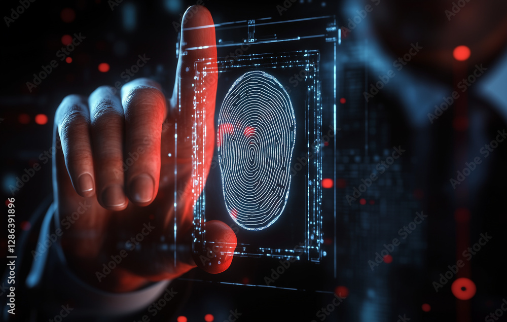 Aufkleber futuristic fingerprint scan hand interacting with digital biometric interface technology