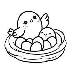 Hand-Drawn Bird Sitting in Nest Line Art