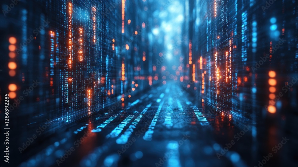 Canvas Prints futuristic digital corridor illuminated by glowing blue and orange data streams in a tech landscape