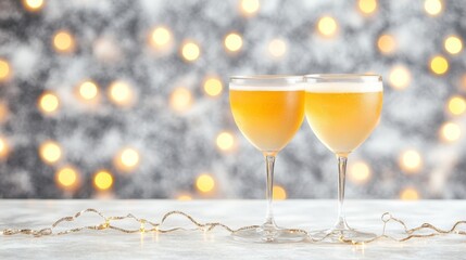Two champagne glasses filled with sparkling golden beverage on festive background with warm glowing lights creating elegant celebratory ambiance for luxury and romance