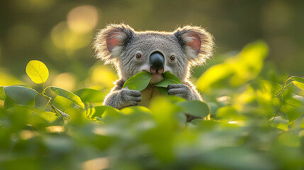 koala holds leaves in its mouth, surrounded by lush greenery, creating playful and charming scene. soft sunlight enhances serene atmosphere
