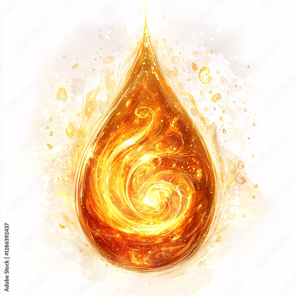 Poster fiery abstract drop with swirling patterns and golden hues.