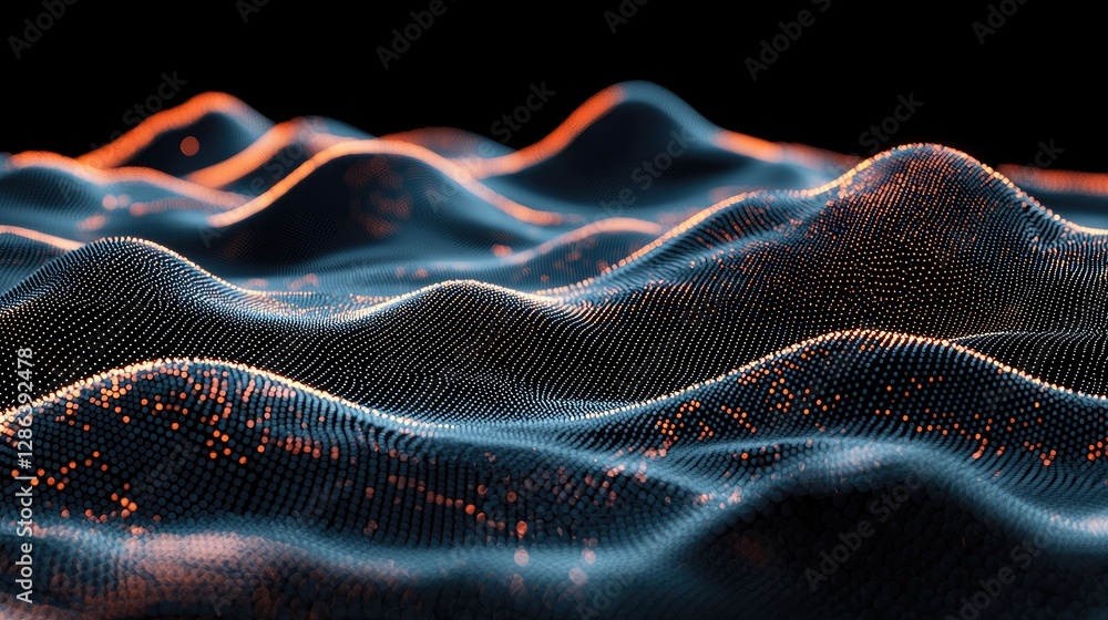 Poster abstract wavy surface with dots and lights in dark environment