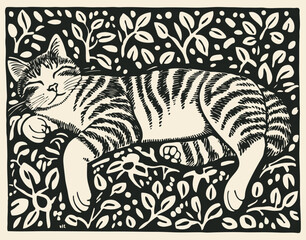 Fototapeta premium Vector illustration of a sleeping cat in foliage. Vintage linocut style. Great for pet, nature, or relaxation themed designs. Black and white vector drawing.
