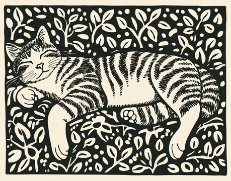 Vector illustration of a sleeping cat in foliage. Vintage linocut style. Great for pet, nature, or relaxation themed designs. Black and white vector drawing.