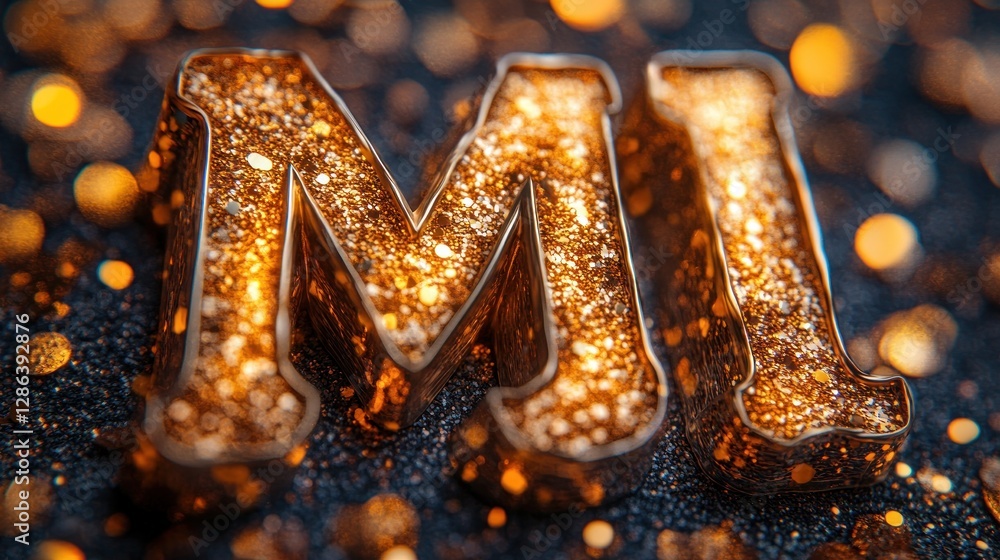 Poster shimmering golden letters 'mi' on a sparkling background with bokeh effect