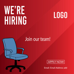 Open Position: The eye-catching announcement with the motivational theme, with a desk chair for the job offer. This design for recruitment captures attention with a simple yet clear message