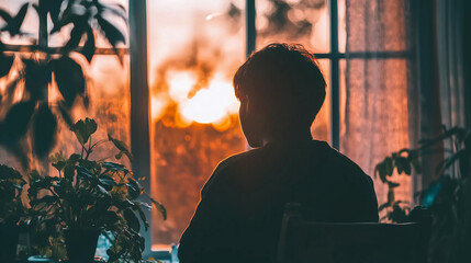 Fototapeta premium A solitary figure sits by the window at sunset, reflecting on solitude and the quiet beauty of nature’s transition from day to night.