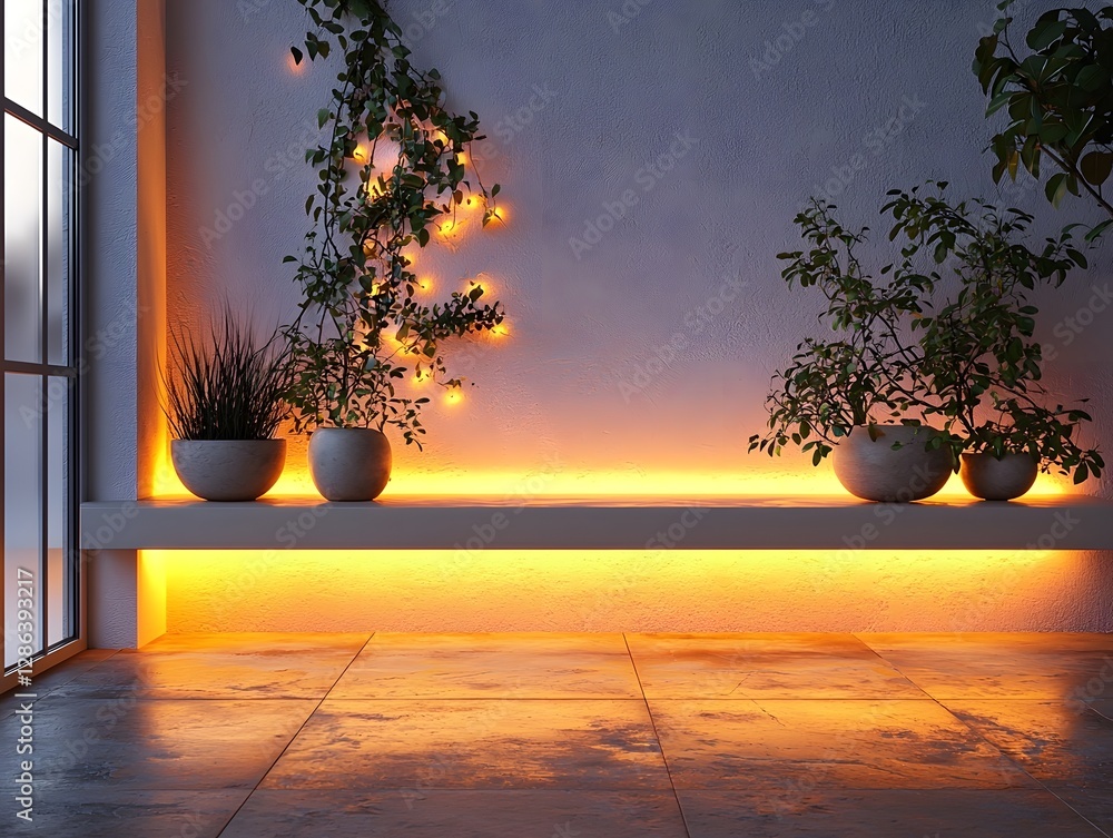 Poster glowing frame mock up on a minimalist shelf with neutral tones and soft lighting ideal for home deco