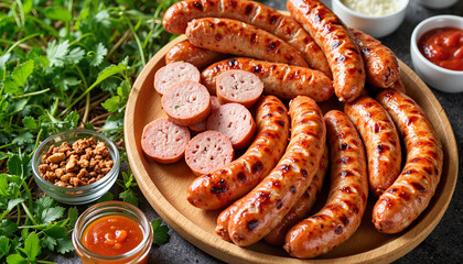 Grilled sausages on wooden plate in lush garden, outdoor BBQ delight