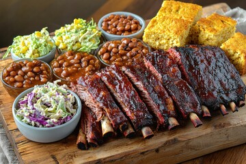 A delectable barbecue platter with juicy ribs, cornbread, baked beans, and coleslaw, presented on a rustic wooden board for a hearty and satisfying meal.