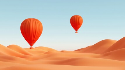 Canyon National Park Landscape desert concept. Two vibrant orange hot air balloons float gracefully over golden sand dunes under a clear blue sky.