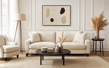 Boucle lounge chairs and sofa in classic room. Minimalist interior design of modern living room.