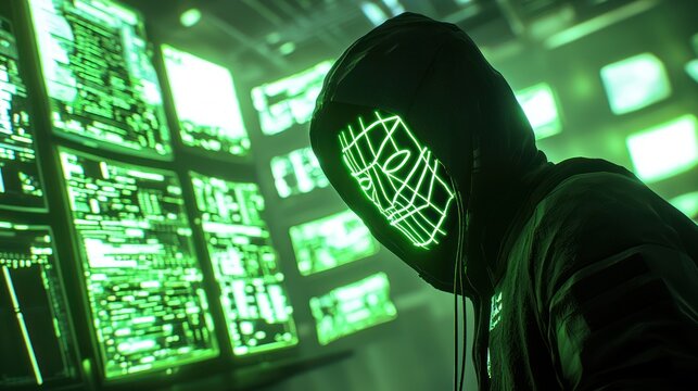 Cyberpunk Hacker in Green Neon Mask