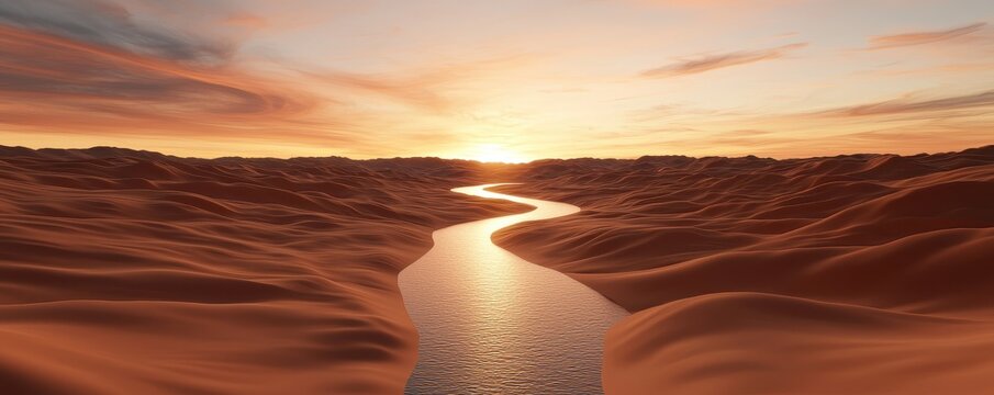Canyon National Park Landscape desert concept. A serene landscape featuring a winding river flowing through golden sands under a vibrant sunset sky.
