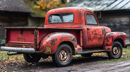 Fototapeta premium Old rusted red pickup truck parked on dirt road, showcasing its vintage charm and weathered texture. truck back reveals peeling paint and nostalgic feel