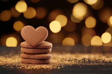 Obraz premium Stack of heart shaped cookies on glittering golden surface with bokeh lights in background evoking warmth affection and cozy holiday spirit with sweet homemade nostalgia