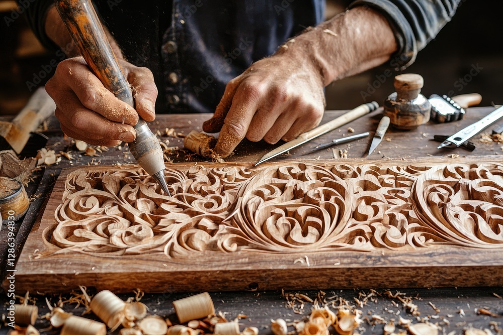 Poster artisan's hands skillfully carving intricate patterns into wood, highlighting the precision and dedi